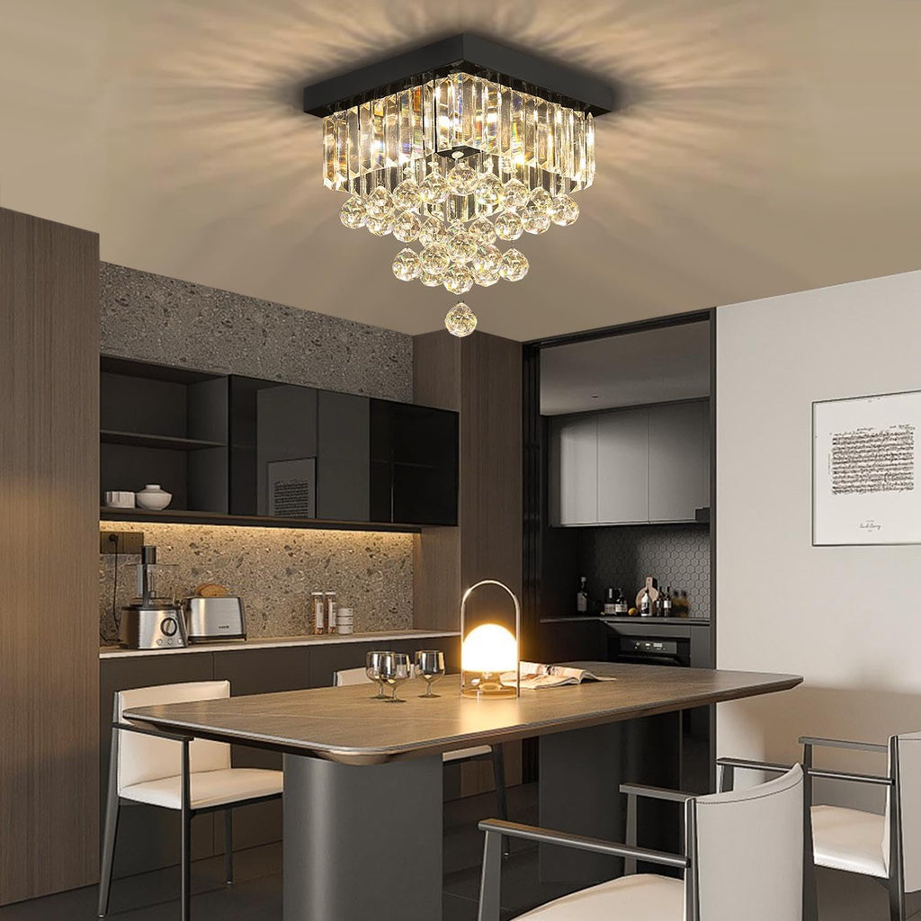 Modern Black Square Crystal Flush Mount Ceiling Light 12' 4 Lights K9 Crystal Chandelier Lighting Fixture for Bedroom Dining Room Kitchen Hallway Entryway Closet Small Living Room