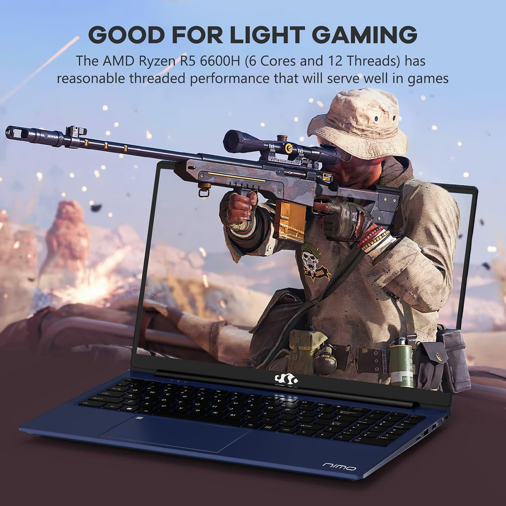 NIMO 15.6' IPS FHD-Gaming-Laptop,AMD Ryzen 5 6600H 16GB DDR5 RAM 512GB SSD (Beat R5-7520U, 6 Cores Up to 4.5GHz) AMD Radeon 660M GPU-Computer with 100W Type-C Backlit Keyboard Fingerprint (Renewed)