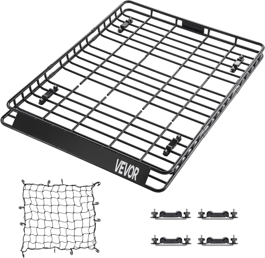VEVOR Roof Rack Basket, 64 x 50 x 4.1 in, Universal Rooftop Cargo Carrier with Two 35.4 x 39.4 in Cargo Net,150 lbs Max Car Top Luggage Holder, 4.1 in Fence, Anti-Rust Alloy Steel, for SUV Truck Car