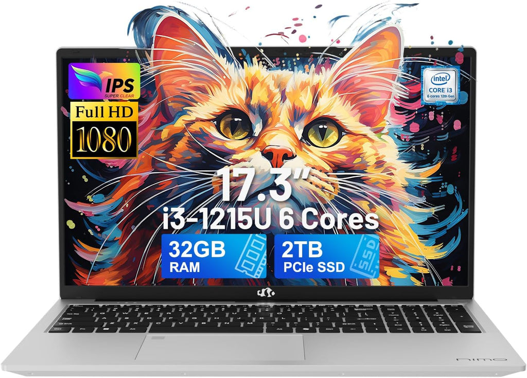 NIMO 17.3' IPS FHD-Laptop, Intel 6 Cores i3-1215U 32GB RAM 2TB SSD (Beat Ryzen 5 7520U, Up to 4.4GHz) Computer with 65W GaN Type C Backlit Keyboard Fingerprint, for Home Student and Business Silver