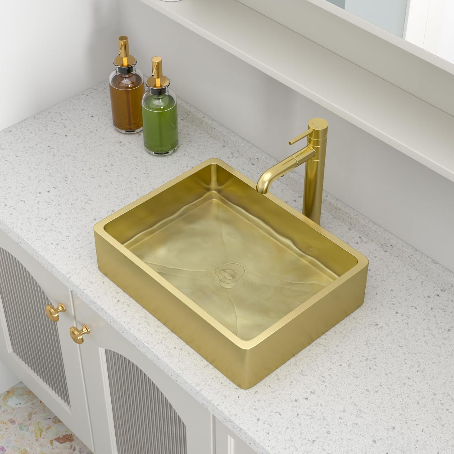 Logmey 16' Gold Shallow Bathroom Vessel Sink 16x12 Small Handmade 16 Gauge Stainless Steel Above Counter 4' Deep RV Bathroom Sink Rectangle Vessel Sinks with Pop up Drain Set