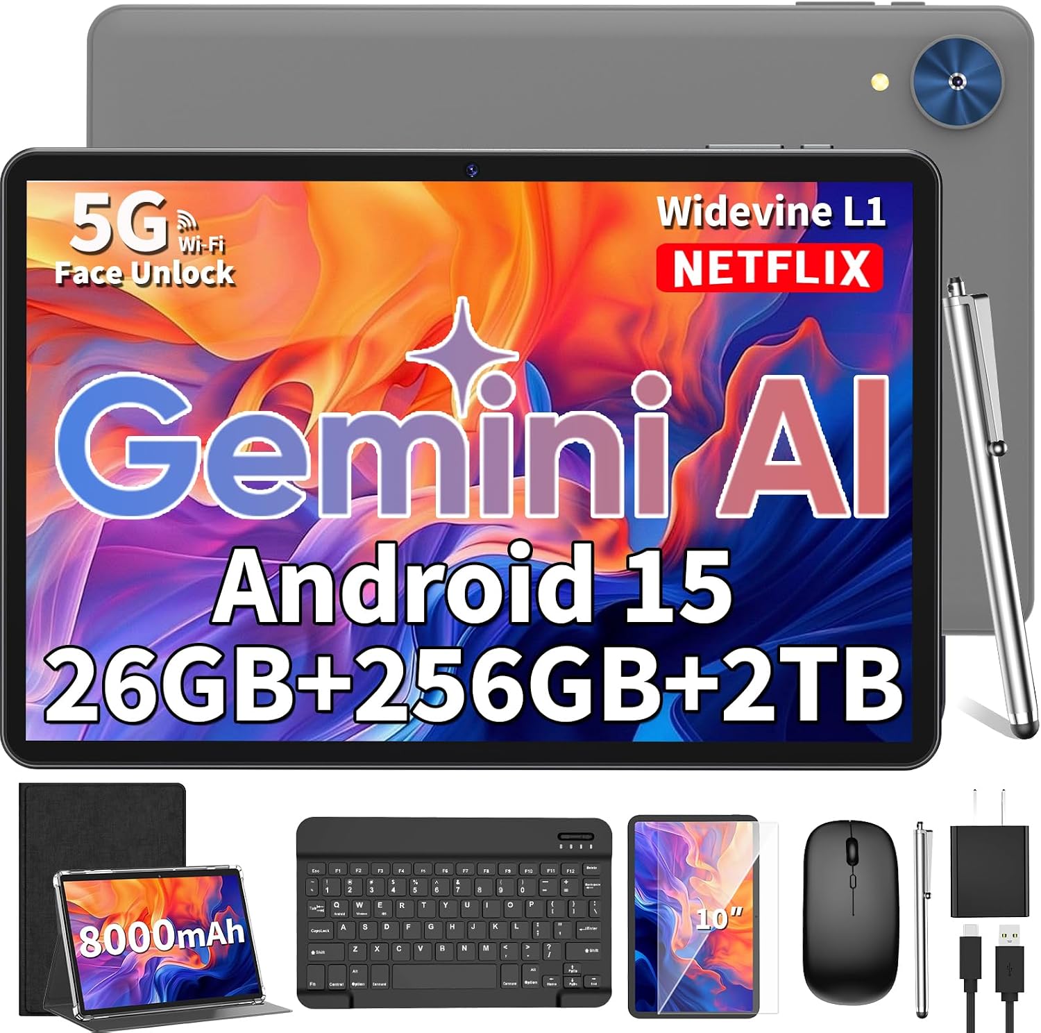 2026 Android 15 Tablet, 10 inch Tablet with Keyboard, 24GB+256GB+2TB Expand, 2-in-1 Tablets with 8-Core, 5G WiFi, 8000mAh, BT5.0, GMS, GPS, Gemini AI, Tablets PC with Mouse, Case, Stylus (Black)