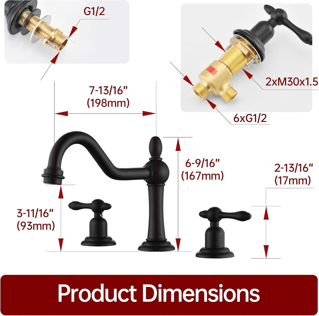 sumerain Matte Black 8 inch Widespread Bathroom Faucet, 2 Handles Vintage Basin Faucet with Swivel Spout