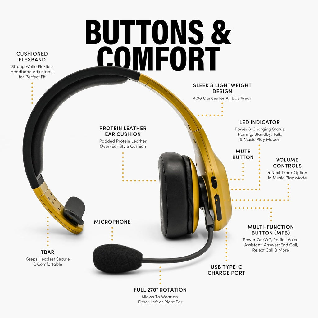Blue Tiger Storm Gold - Premium Trucker Bluetooth Headset-Wireless Noise Canceling Mono Headset with Mic -High-Fidelity Sound, 30-Hour Talk Time, USB-C Charging - for Truck Drivers, Bluetooth 5.0