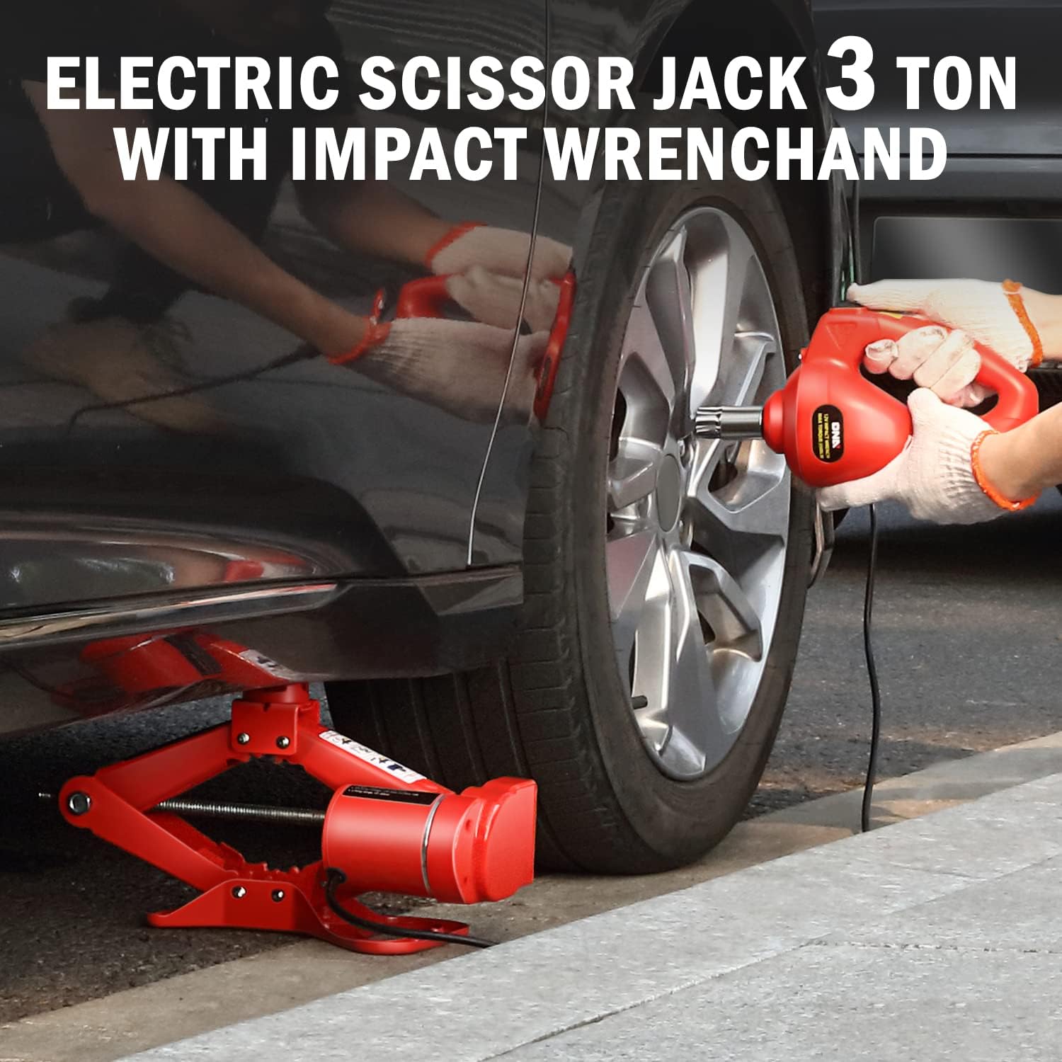 DNA Motoring 3T Portable Electric Scissor Lift Jack Kit - 4.7'' - 13.8''(12-35cm) 12V Lifting Range Electric Car Jack & Impact Wrench for Auto Sedan SUV Repair, TOOLS-00281