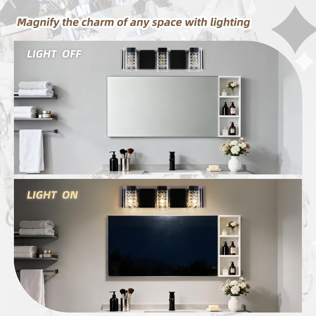 Modern Crystal Bathroom Light Fixtures, 3-Light Black Vanity Lights with Clear Shades, Bathroom Lighting Fixtures Over Mirror Wall Light for Living Room, Decoration,Bedroom（Exclude Bulb）