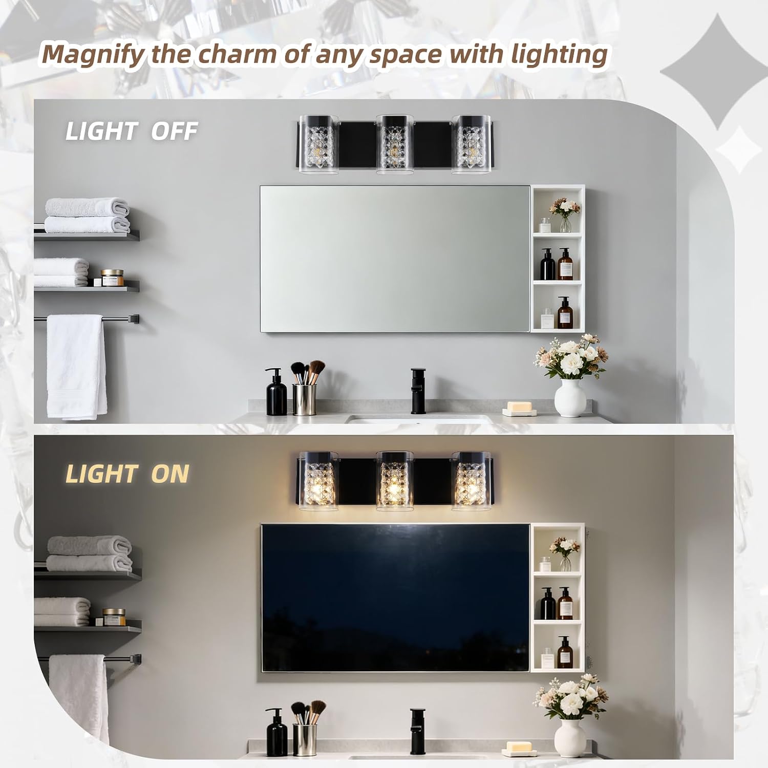 Modern Crystal Bathroom Light Fixtures, 3-Light Black Vanity Lights with Clear Shades, Bathroom Lighting Fixtures Over Mirror Wall Light for Living Room, Decoration,Bedroom（Exclude Bulb）