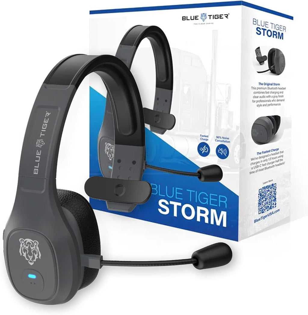 Blue Tiger Storm Gray - Premium Trucker Bluetooth Headset - Wireless Noise Canceling Mono Headset with Mic - High-Fidelity Sound, 30-Hour Talk Time, USB-C Charging - for Truck Drivers, Bluetooth 5.0