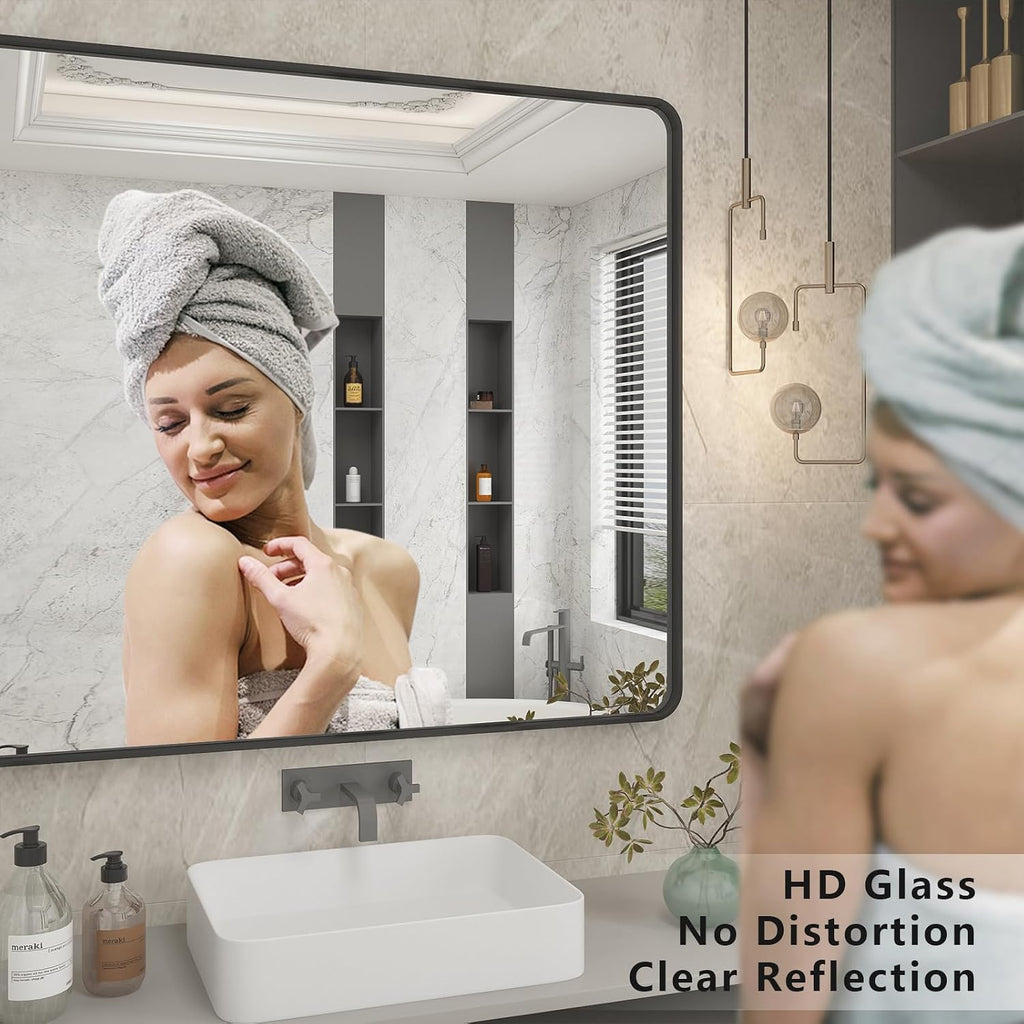 2 Pack of 24x36 Inch Black Metal Framed Bathrrom Mirror, Black Matte Rounded Rectangle Bathroom Vanity Mirror, Anti-Rust, Hangs Horizontally or Vertically