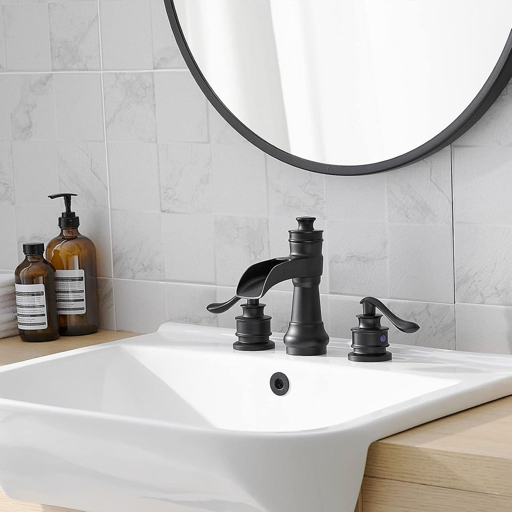 Matte Black Bathroom Faucet 3 Hole or 8 Inch Widespread Tap, 2 Handle Brass Waterfall Faucet for Bathroom Sink 3 Hole Mounted with Pop-up Drain and Supply Line