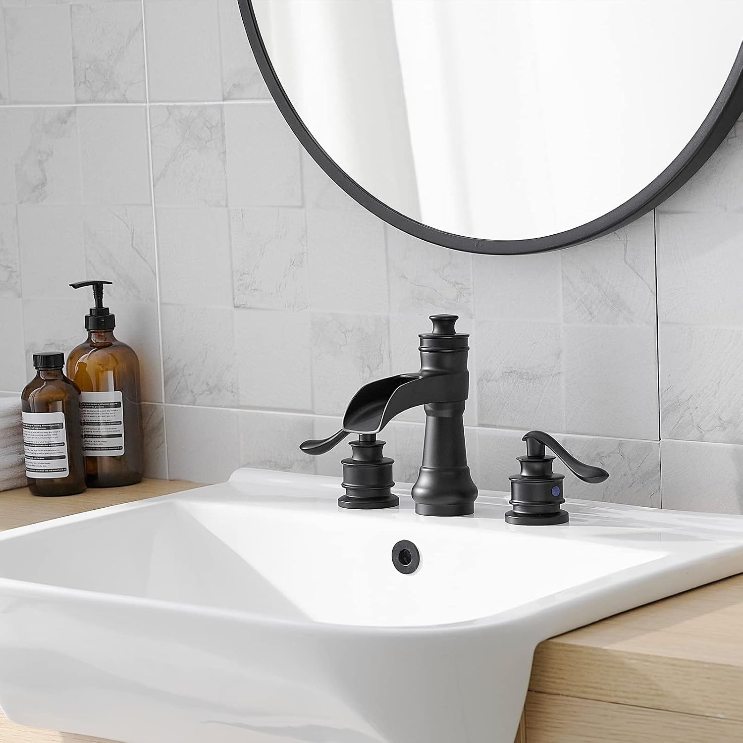 Matte Black Bathroom Faucet 3 Hole or 8 Inch Widespread Tap, 2 Handle Brass Waterfall Faucet for Bathroom Sink 3 Hole Mounted with Pop-up Drain and Supply Line