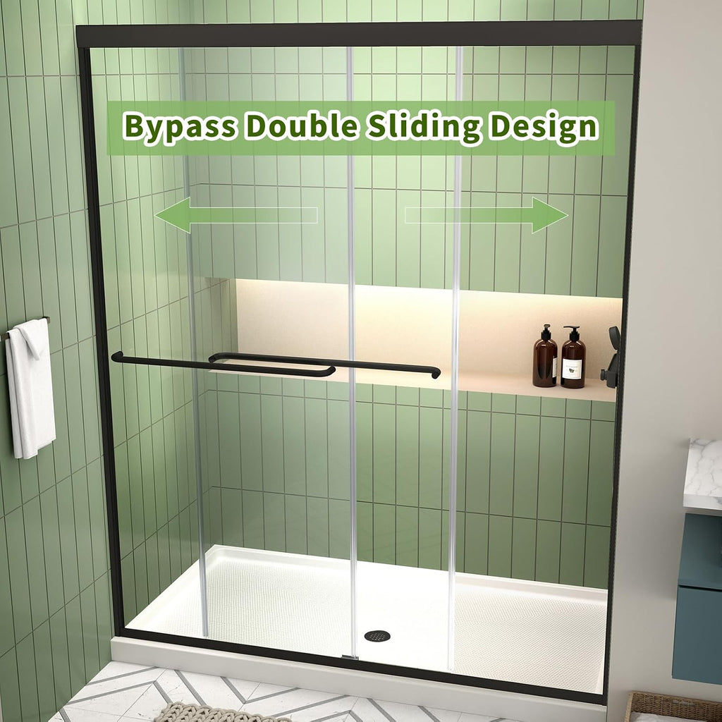 ACE DECOR 56-60' W x 70' H Semi-Frameless Shower Door, Double Sliding Shower Door with 1/4' (6mm) Clear SGCC Tempered Glass, Matte Black Finish Shower Doors, Reversible Installation