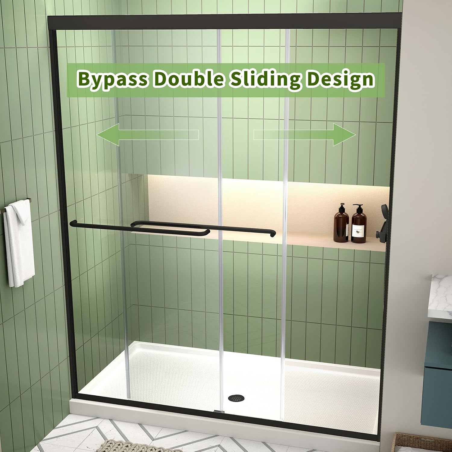 ACE DECOR 56-60' W x 70' H Semi-Frameless Shower Door, Double Sliding Shower Door with 1/4' (6mm) Clear SGCC Tempered Glass, Matte Black Finish Shower Doors, Reversible Installation