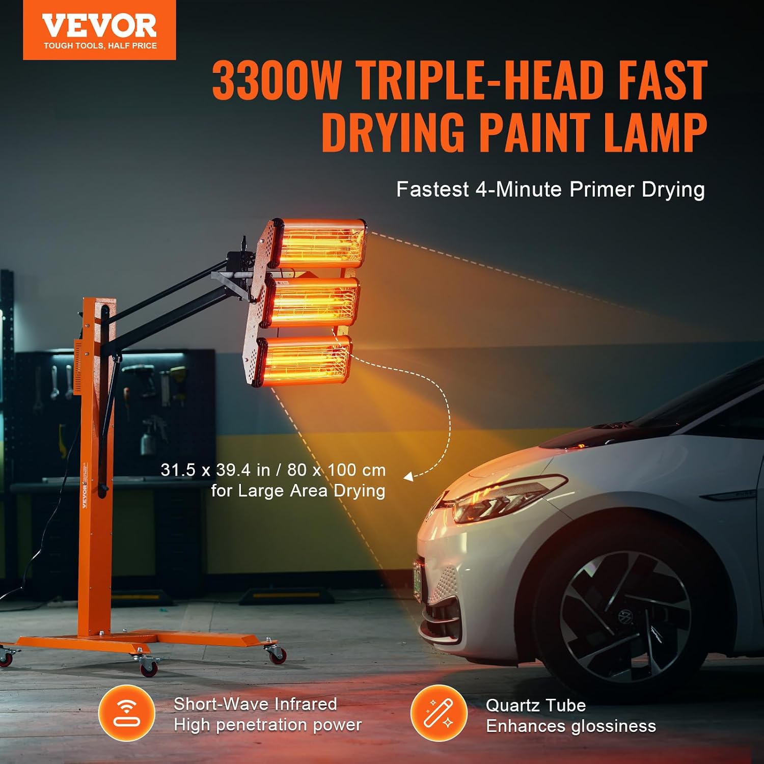 VEVOR Infrared Drying Lamp, 3300W with 1-60 min Timer, Automatic Heat for Automotive Repairs, Includes Stand, Covers 8.61 sq.ft, Ideal for Spray Booth Heating, Quick Paint Drying, Engine Warm-Up 110V