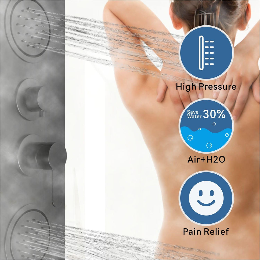 ELLO&ALLO Shower Panel System Tower with Shelf, Rainfall and Waterfall Head Rain Massage Stainless Steel Bathroom Fixtures with Adjustable Body Jets, Black