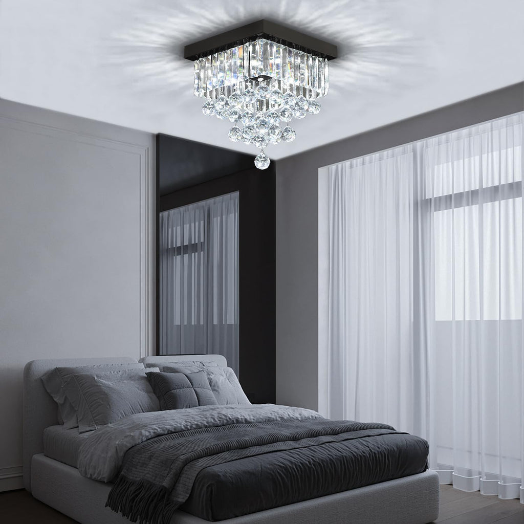 Modern Black Square Crystal Flush Mount Ceiling Light 12' 4 Lights K9 Crystal Chandelier Lighting Fixture for Bedroom Dining Room Kitchen Hallway Entryway Closet Small Living Room