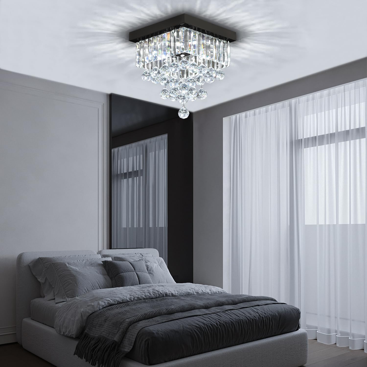 Modern Black Square Crystal Flush Mount Ceiling Light 12' 4 Lights K9 Crystal Chandelier Lighting Fixture for Bedroom Dining Room Kitchen Hallway Entryway Closet Small Living Room