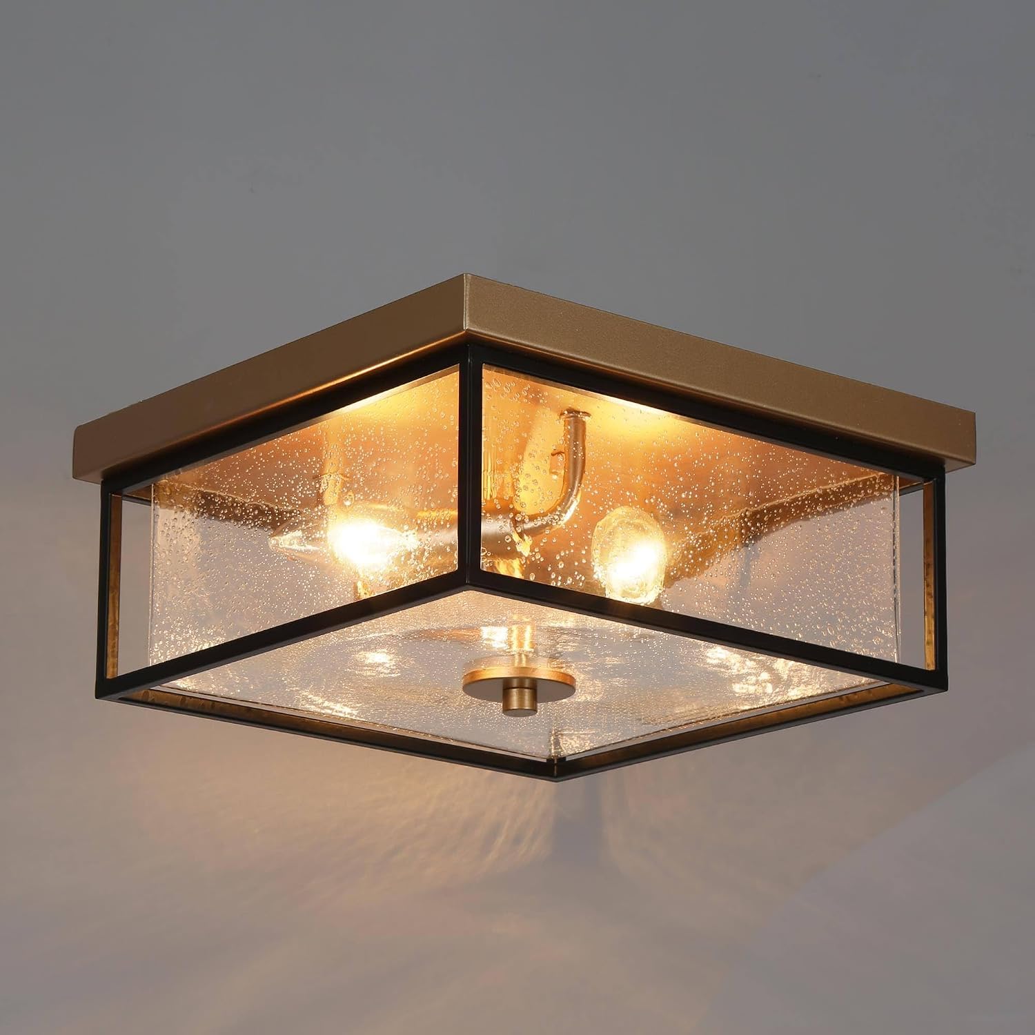 Square Flush Mount Ceiling Light, Black Gold Hallway Light Fixtures Ceiling, Mid-Century Modern 3-Light Close to Ceiling Light with Seeded Glass Shade for Bedroom, Kitchen and Foyer