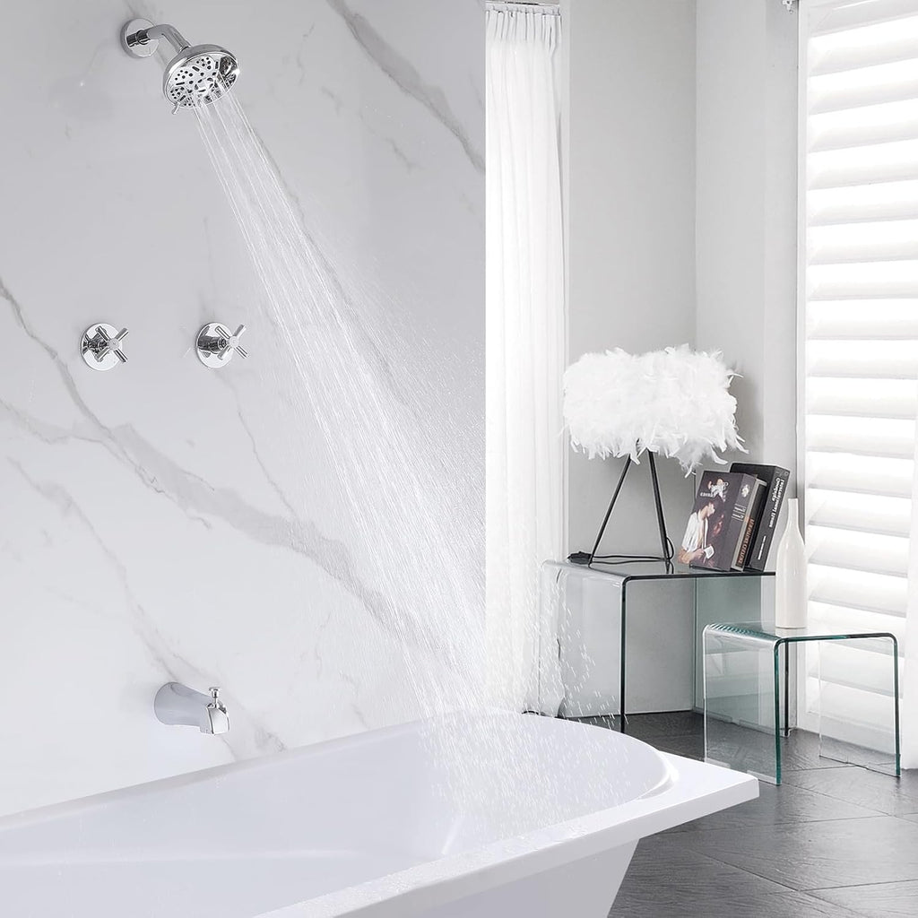 2 Handles Shower Faucet Set with Tub Spout,Bath Tub Shower Faucet Combo Set,2 Knobs Complete Tub and Shower Trim Kit with Valve,Wall Mounted,Chrome