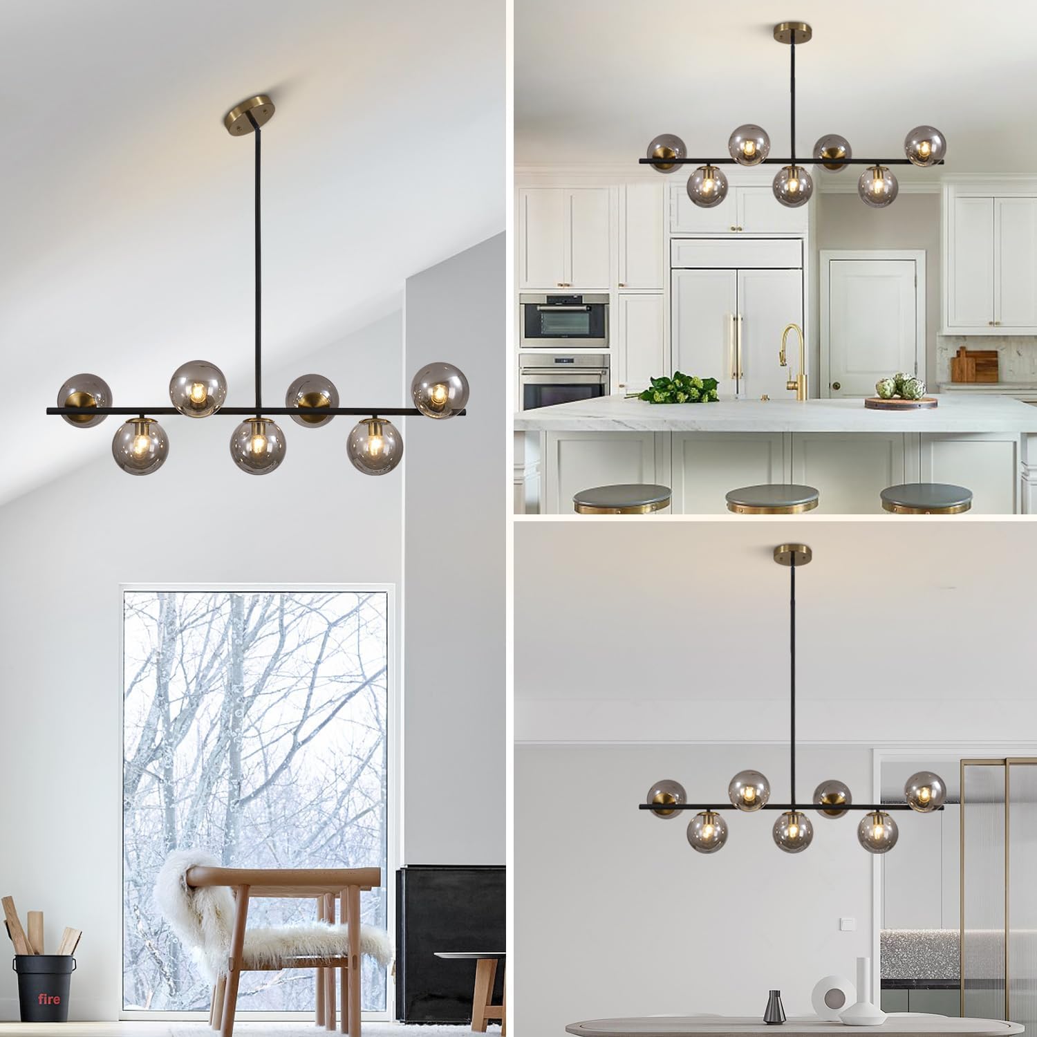 KCO Lighting Black and Gold Linear Kitchen Pendant Lighting Mid Century Modern Chandelier 7-Light Smoke Glass Globe Chandelier Vintage Dining Room Light Fixtures