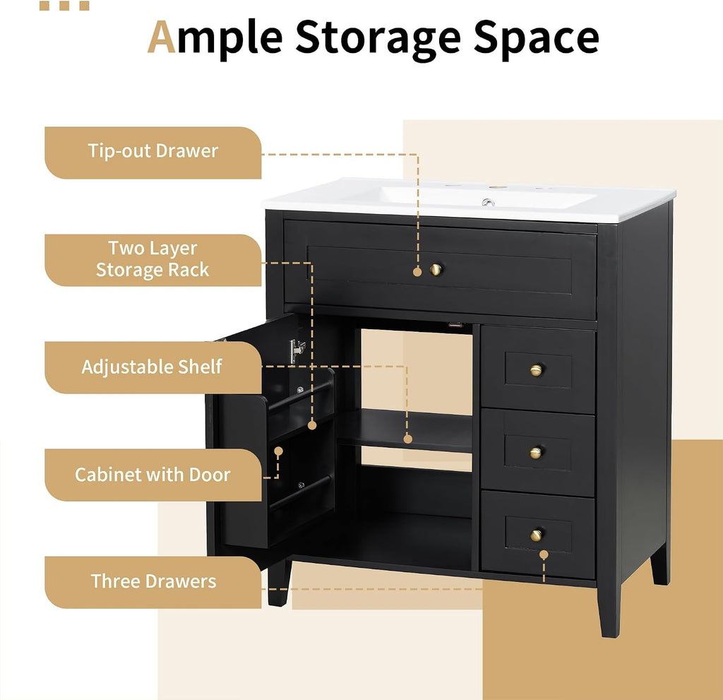 30-inch Bathroom Vanity with Sink Combo, Free-Standing Single Storage Cabinet with Tilt-Out Drawer, 3 Drawers, Adjustable Shelf & Storage Rack, Vanity with Ceramic Basin for Bathroom (Black)