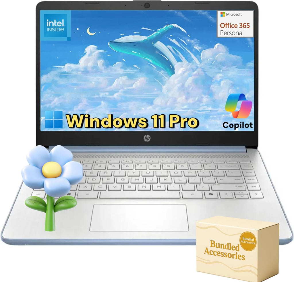 HP Slim Laptop for Business & Student - Windows 11 Pro • 1-Year Microsoft Office 365 • 14 inch HD • Intel Quad-core CPU • 16GB RAM, 128GB UFS, 256GB Micro SD • Sleek Design Portable Laptop • Sky Blue