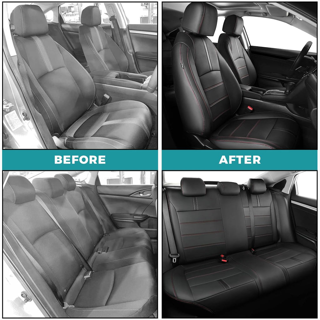 Seat Covers for Honda Civic Sedan LX 2016 2017 2018 2019 2020 2021, Faux Leather Car Seats Cover Full Set Waterproof, Black Red Line (Solid Rear Seatback - No Rear Armrest)