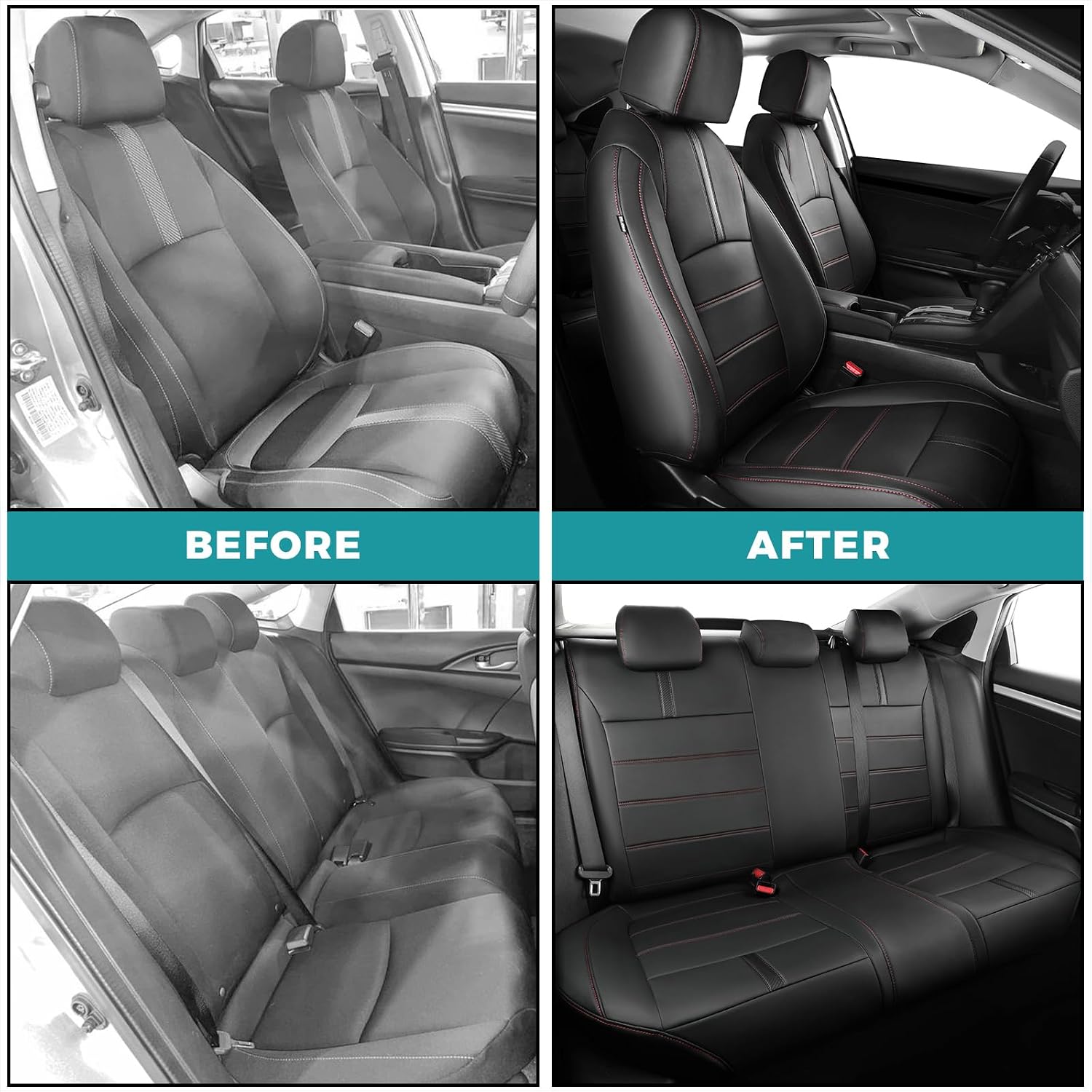 Seat Covers for Honda Civic Sedan LX 2016 2017 2018 2019 2020 2021, Faux Leather Car Seats Cover Full Set Waterproof, Black Red Line (Solid Rear Seatback - No Rear Armrest)