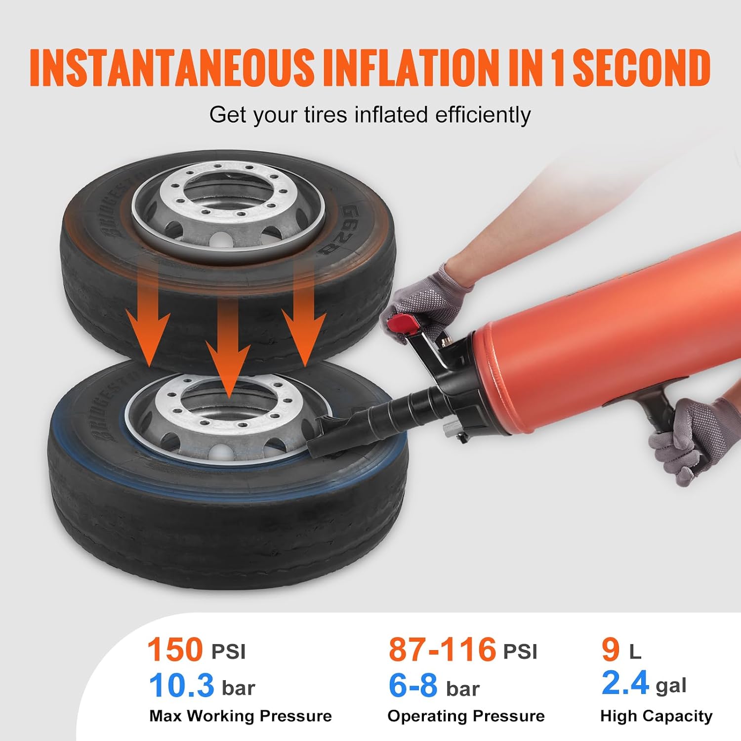 VEVOR Tire Seater, 2.4 Gal/9 L Air Tire Blaster, 150 PSI Handheld Portable Tire Inflator Tool, 87-116 PSI Operating Pressure for Tractor Truck ATV Car and Automobile Repair