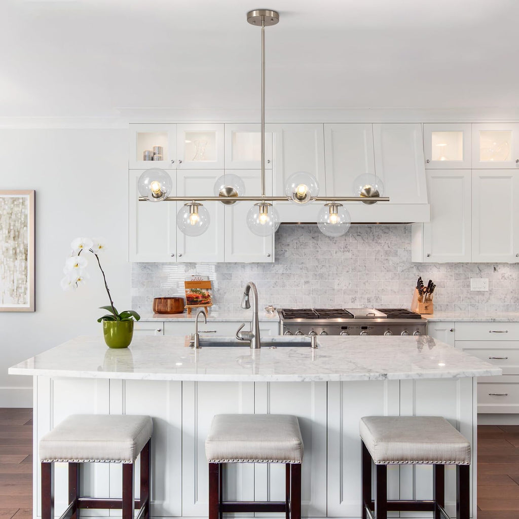 KCO Lighting Modern 7-Light Brushed Nickel Metal Large Chandelier Nordic Clear Glass Globe Farmhouse Pendant Light Silver Minimalist Adjustable Kitchen Island Hanging Ceiling Lights