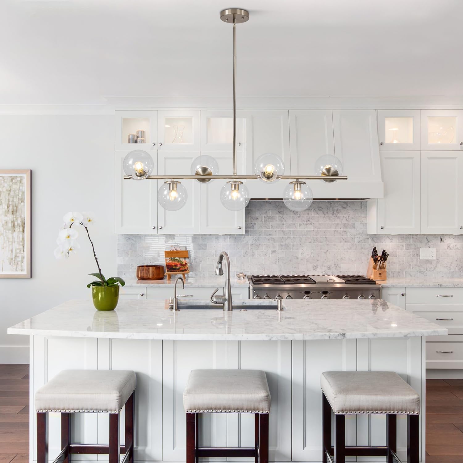 KCO Lighting Modern 7-Light Brushed Nickel Metal Large Chandelier Nordic Clear Glass Globe Farmhouse Pendant Light Silver Minimalist Adjustable Kitchen Island Hanging Ceiling Lights