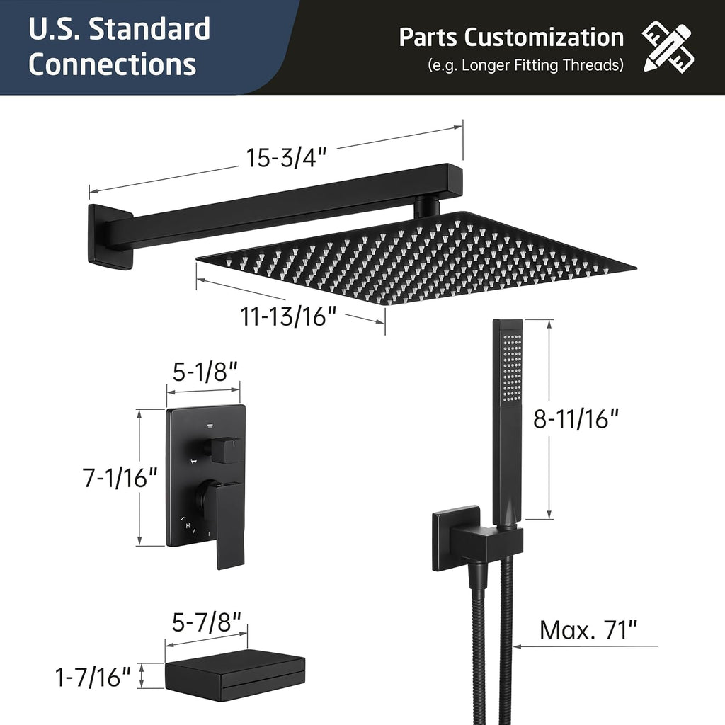 KES Black Shower Faucet Set Complete, 12 Inch Rainfall Shower Head with Handheld Spray, Waterfall Tub Spout Bathtub Faucet, Shower System, Regaderas Modernas Para Ducha, XB6305F18S12-BK