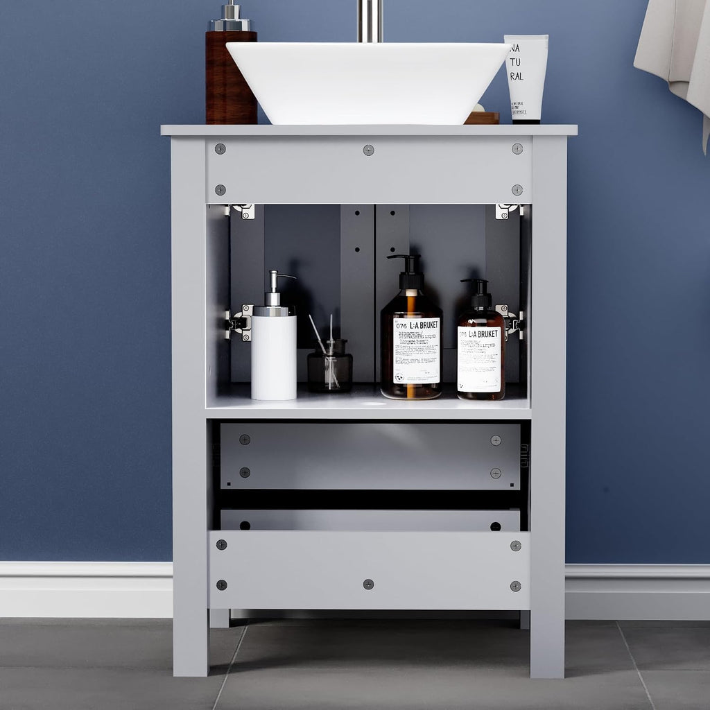 UEV 24' Grey Bathroom Vanity with Ceramic Vessel Sink, ORB Faucet, MDF Vanity with Pop Up Drain and 30% Water-Saving Design, Soft Closing Drawers/Doors,Mirror Not Included (A07)