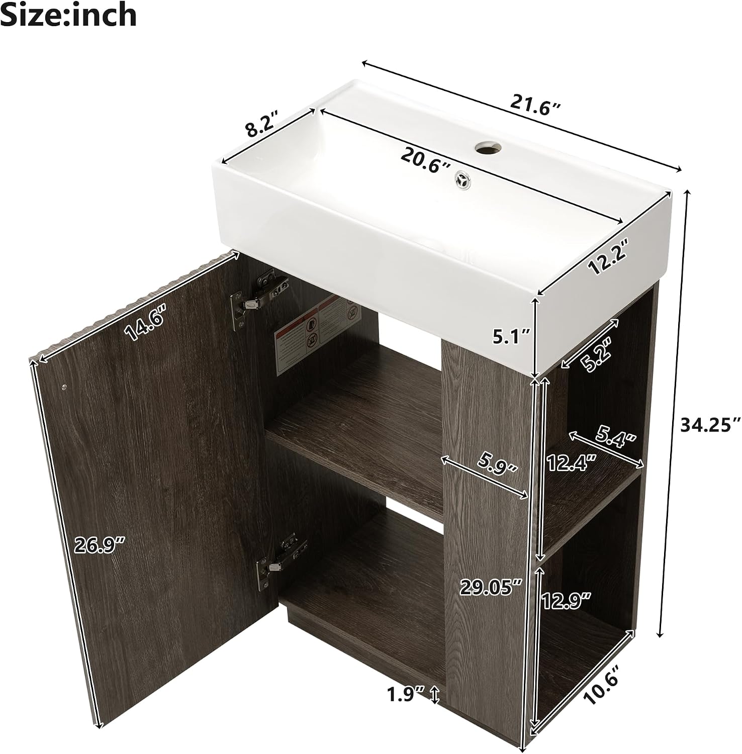 21.6-inch Bathroom Vanity with Reversible Sink, Free-Standing Single Storage Cabinet with One Left Door and Side Open Shelf, Vanity with Ceramic Basin for Bathroom (Dark Grey)