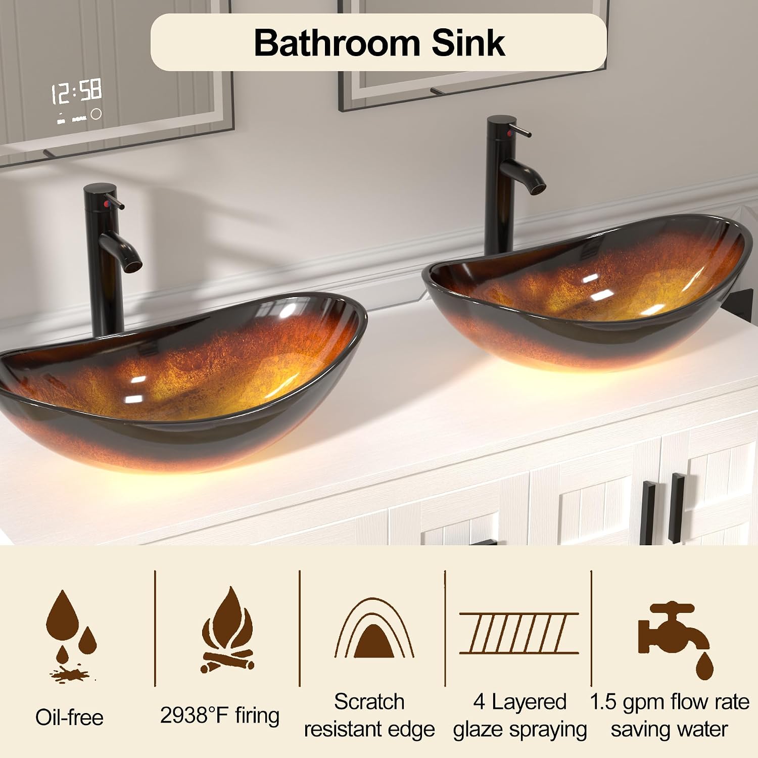 UEV 30' Bathroom Vanity with Sink Combo,Modern Freestanding Sink Cabinet with 3 Drawers,Stylish Bathroom Vanity Cabinet,Grooved Door,Metal Handles,Vessel Sink (Bronze Boat, 48''Black)