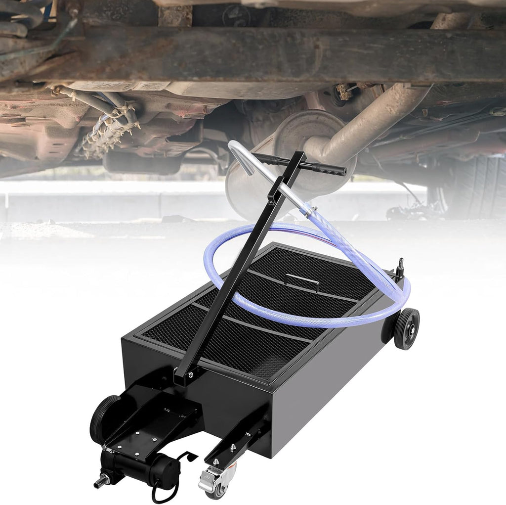 VEVOR Low Profile Oil Drain Pan, 25 Gal Oil Drain Pan with 110V High-Flow Electric Pump, Large Capacity Oil Change Pan with 7.2ft Hose & Folding Handle, Rolling Oil Drain Cart for Trucks, Buses, RVs