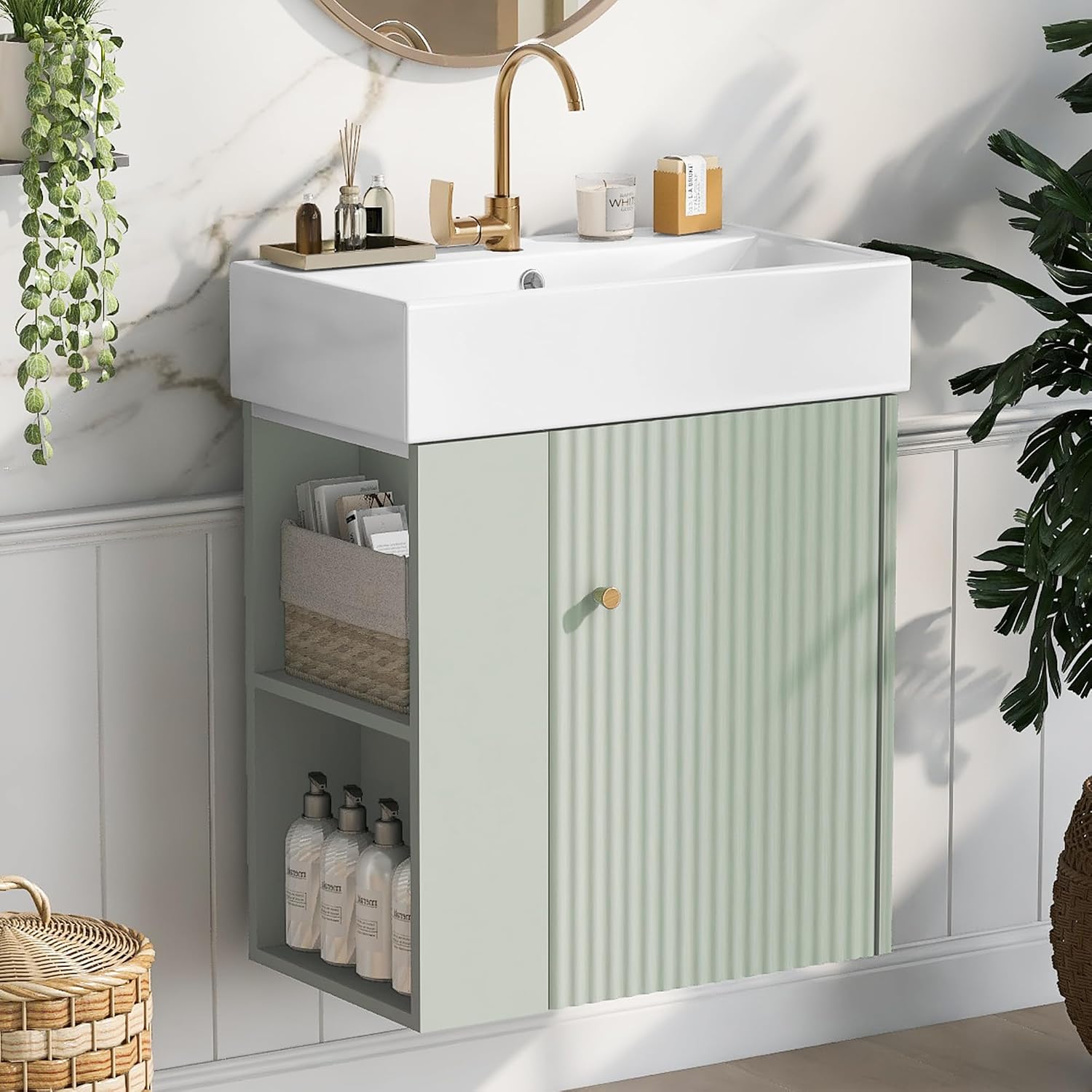 21.6-inch Bathroom Vanity with Sink, Wall-Mounted Vanity Cabinet with Storage Cabinet & Left Two-Tier Shelf, Solid Wood Bath Organizer with Ceramic Sink for Bathroom, Green