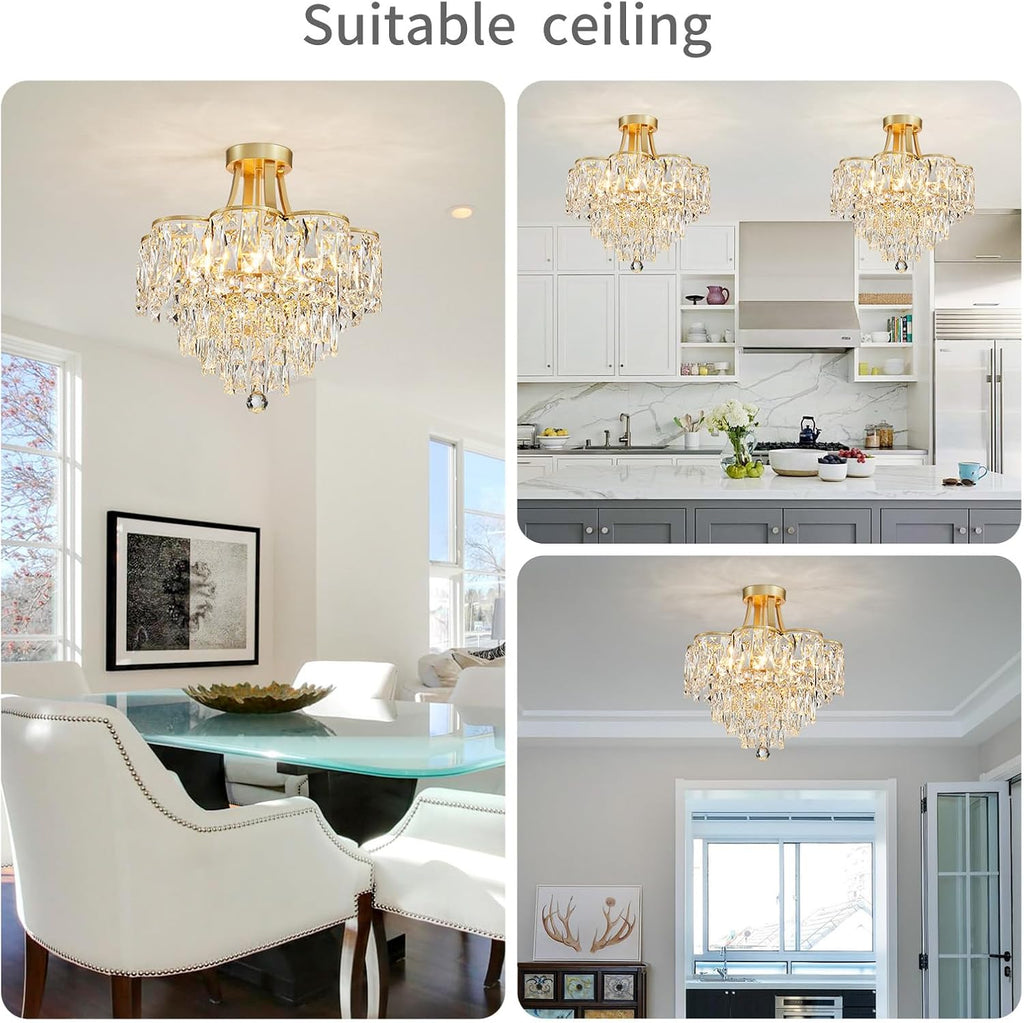 WUZUPS Crystal Chandelier Semi-Flushmount Ceiling Light Modern Lighting Fixture for Bedroom Hallway Entry Kitchen Bathroom, H 19.3' x W 18.3', E12 Base, Gold
