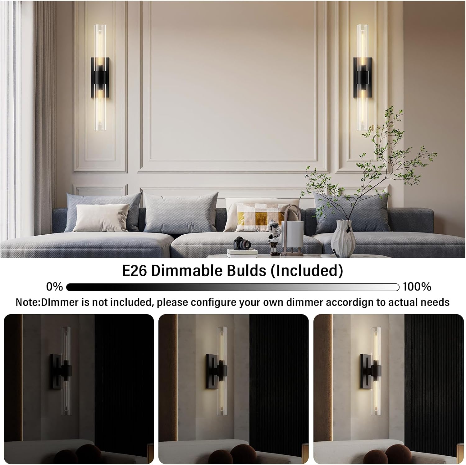 Brass Wall Sconces Set of 2, Bathroom Sconces Wall Lighting, Black Sconces Wall Lighting with Clear Glass Wall Lamp,Wall Mount Lamps Wall Lights for Vanity Light Bedroom Living Room Hallway