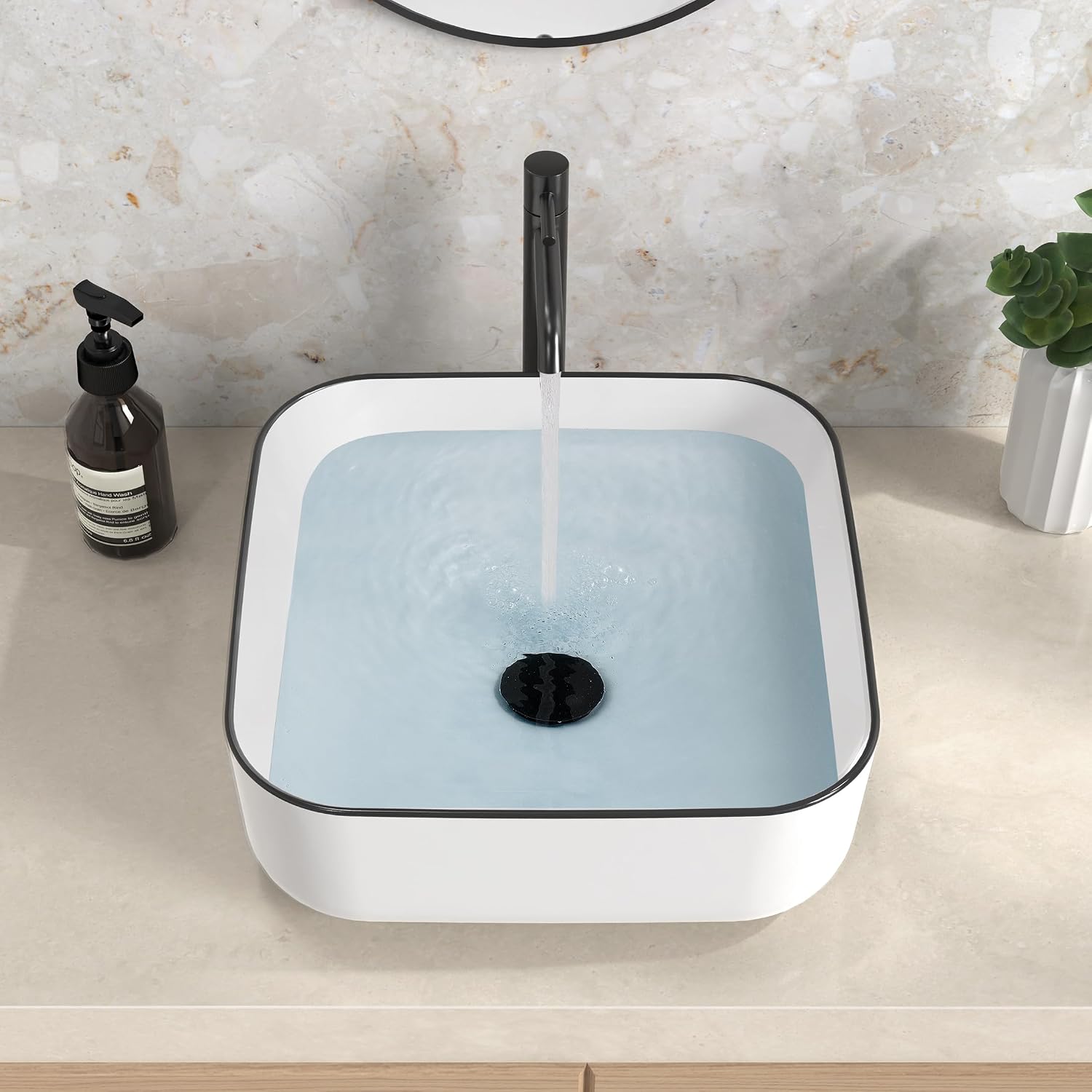 Countertop Bathroom Vessel Sink Black Trim Design 15 Inch Square, White Vessel Sink for Bathroom, Modern Ceramic Above Counter Bathroom Vanity Sink, Porcelain, CBS136