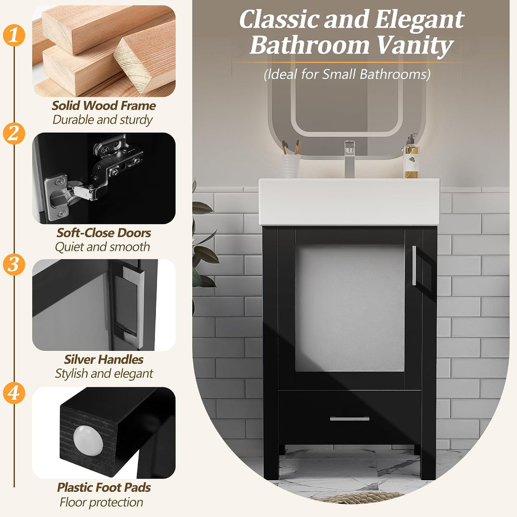 20-inch Bathroom Vanity with Sink Combo Set, Free Standing Single Storage Cabinet with Soft Closing Doors & One Drawer, Solid Wood Vanity Organizer with Ceramic Basin for Bathroom, Black