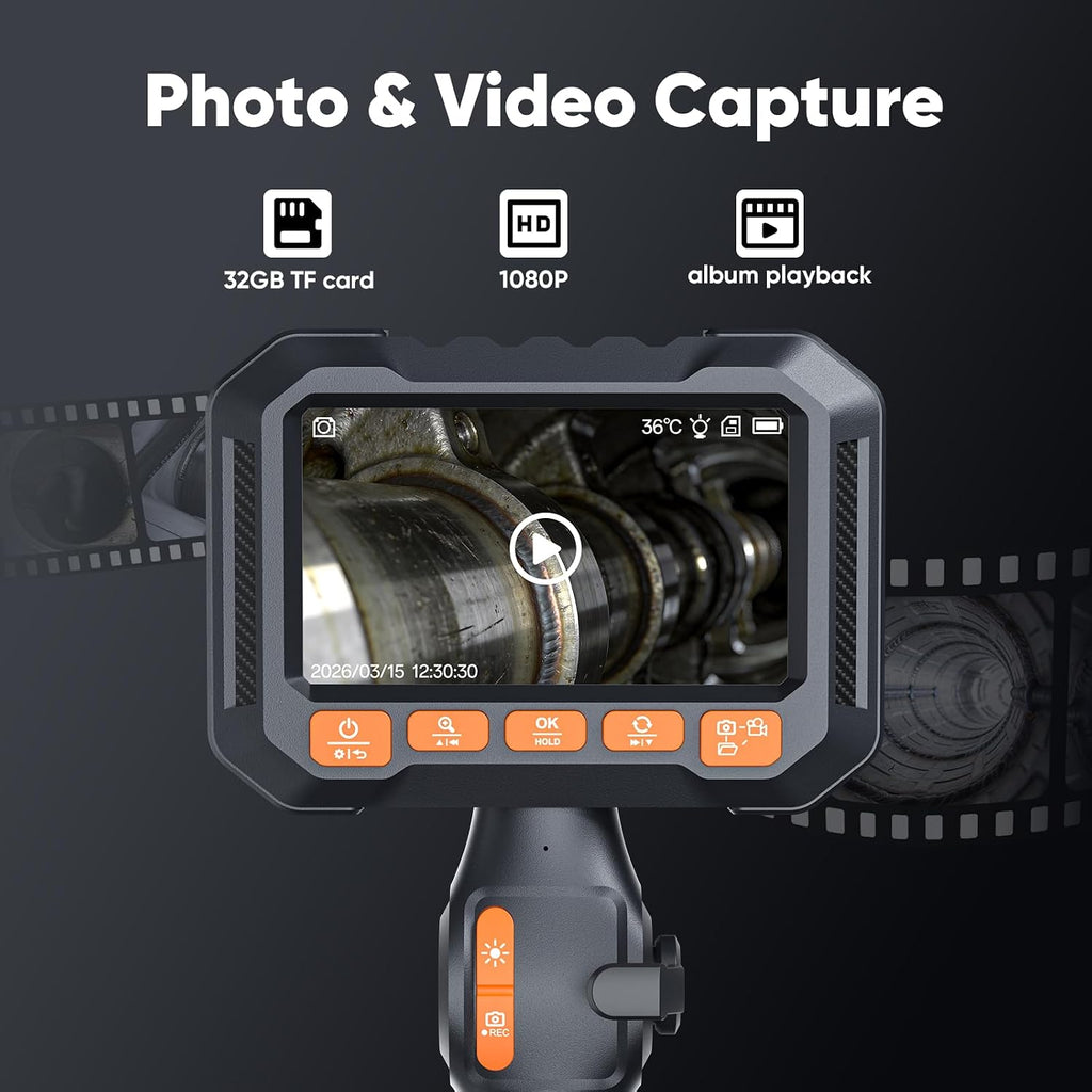 T Takmly Two-Way Articulating Borescope with Light, 210° Steerable 1080P Endoscope Camera, 0.33inch Semi-Rigid Snake Scope, 4.3' IPS Screen, 32GB, 5.5FT for Automotive Engine HVAC Wall Mechanics