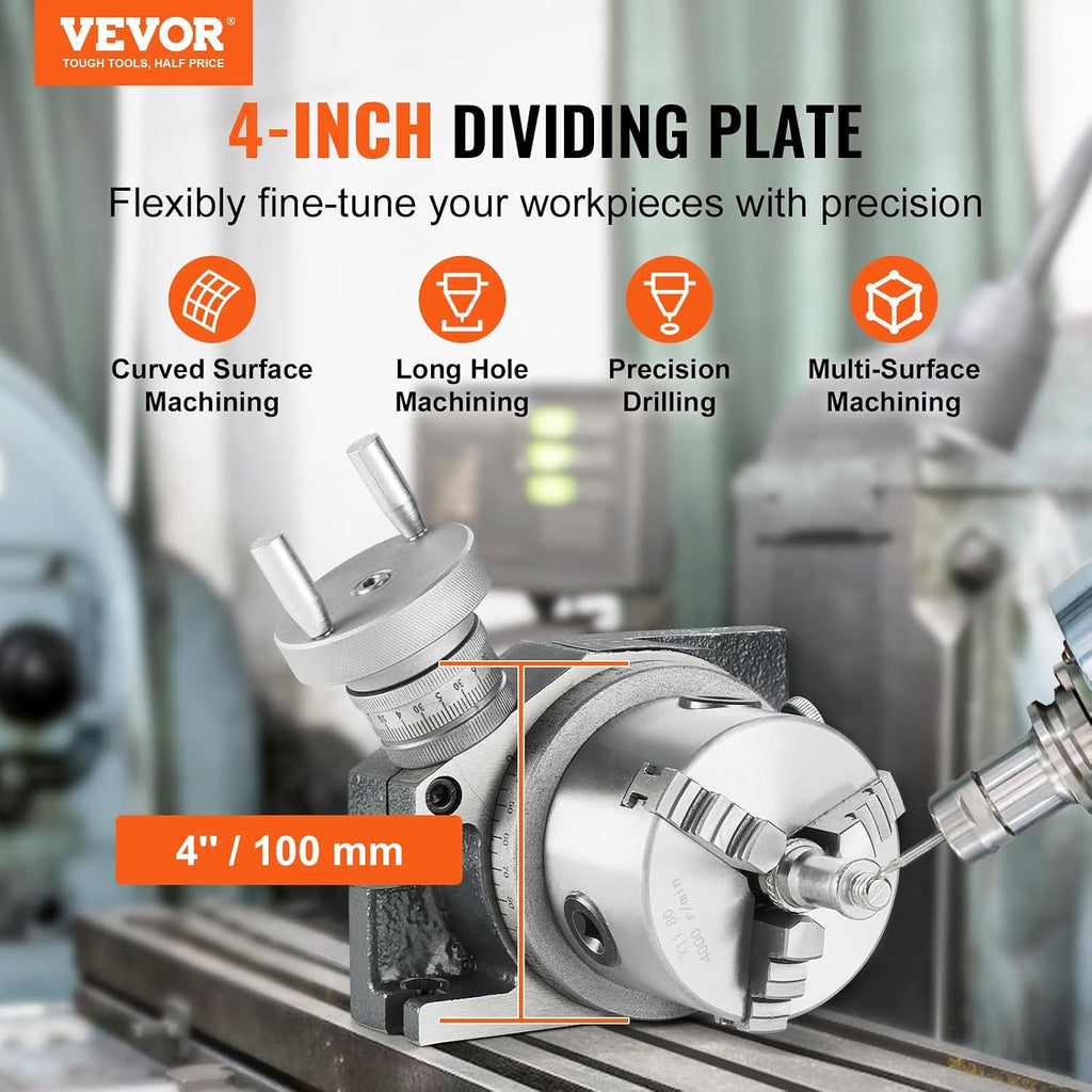 VEVOR Rotary Table for Milling Machines, 4''/ 100 mm, Horizontal Vertical Model Precision Milling Rotary Table, with 3.1''/80 mm 3-Jaw Chuck M10 T-Bolts Nuts, for Milling Engineering Indexing Tools