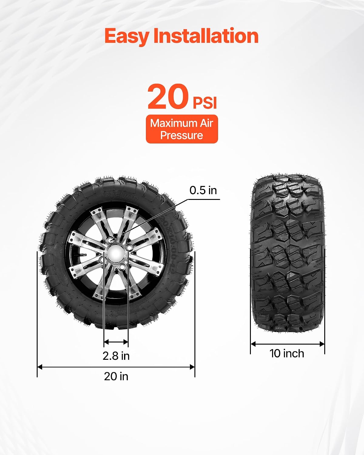 VEVOR Golf Cart Wheels, 12' 20x10-12 Black Aluminum Alloy Golf Cart Tires and Wheels Combo (Set of 4) Fit Club Car, EZGO, Yamaha, 4 Ply Rubber 4-Lug Lawn Mower Tires & Rims, 800 lbs Load, All-Terrain