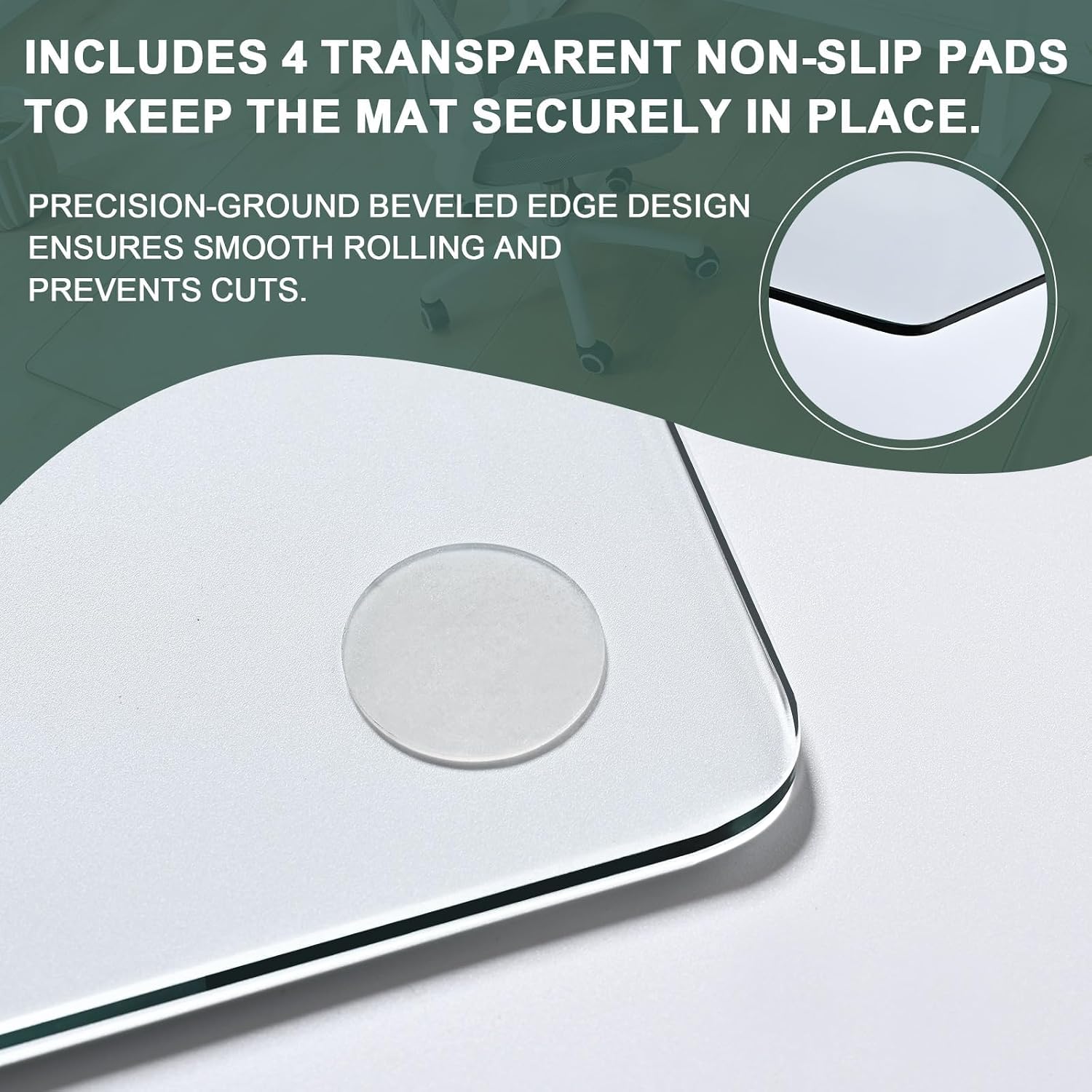 Tempered Glass Chair Mat 60' x 48' - 1/5' Thick, Heavy Duty, Anti-Slip Pads, for Office Chairs on Carpet or Hard Floorr with 4 Anti-Slip Pads, Rolling Glass Chair Mat