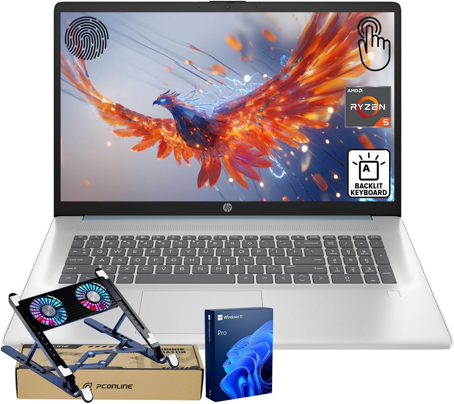 HP 17 Laptop PC, 17.3' HD+ Touchscreen, AMD Ryzen 5 7430U, 16GB RAM, 1TB PCIe SSD, Fingerprint Reader, Backlit KB, Webcam, HDMI, Wi-Fi 6, Win11 Pro, Bundle with PCO Notebook Fold Radiator, Cooler