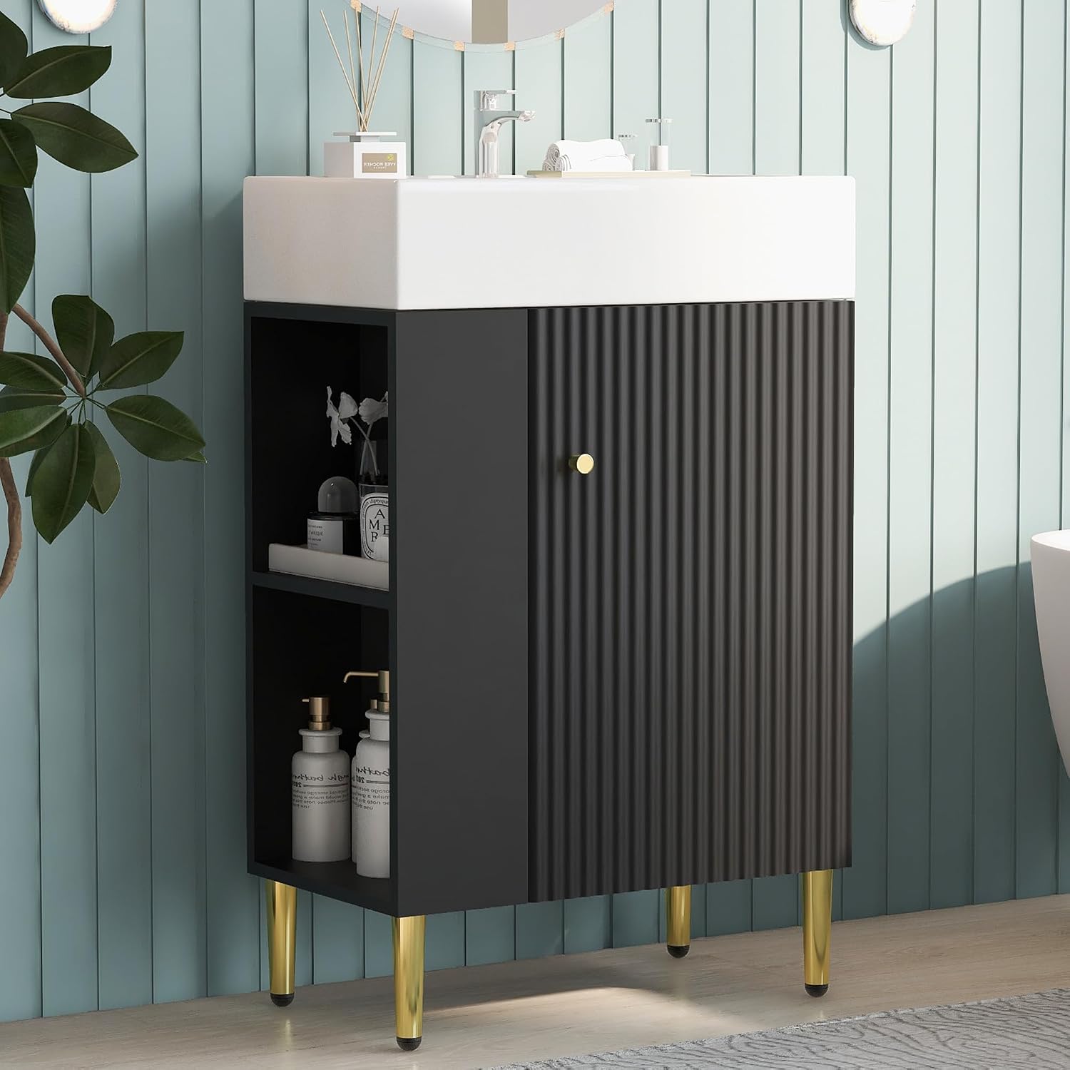 21.6-Inch Bathroom Vanity with Sink, Free Standing Vanity Cabinet with Storage Cabinet & Left Two-Tier Shelf, Solid Wood Bath Vanity Organizer with Ceramic Sink for Bathroom, Black