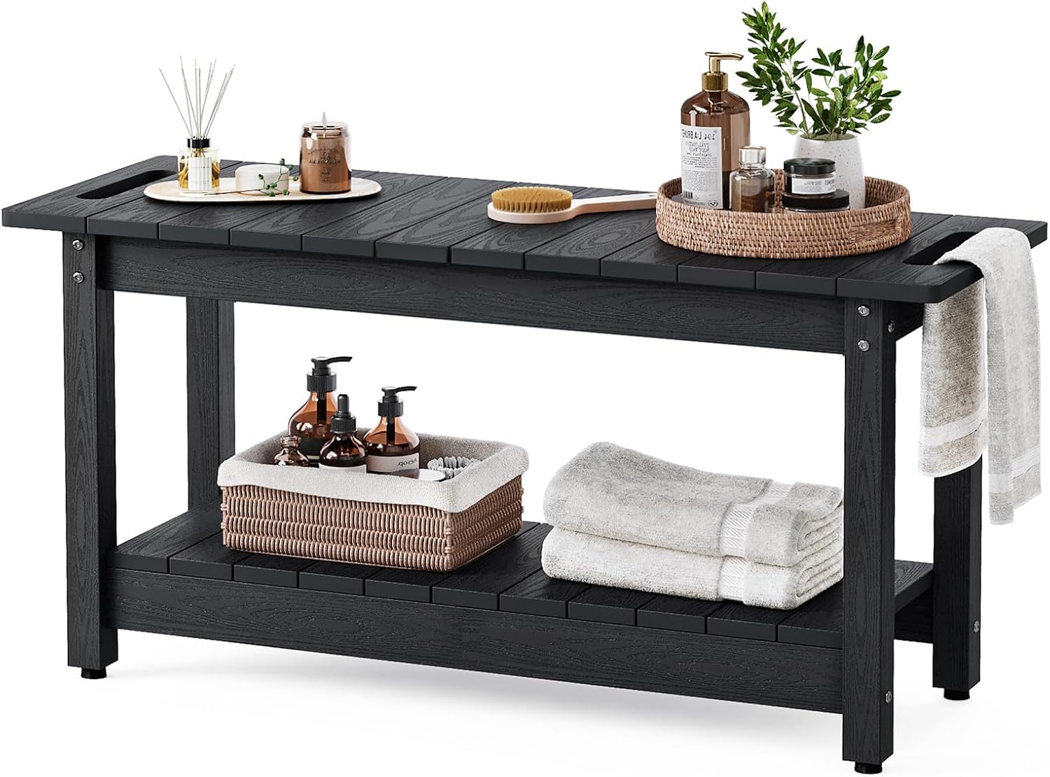 Stoog 35.5' Large Shower Bench, Waterproof Shower Stool with Storage Shelf and Handles, Adjustable and Non-Slip Feet, Shower Chair for Inside Shower, Black