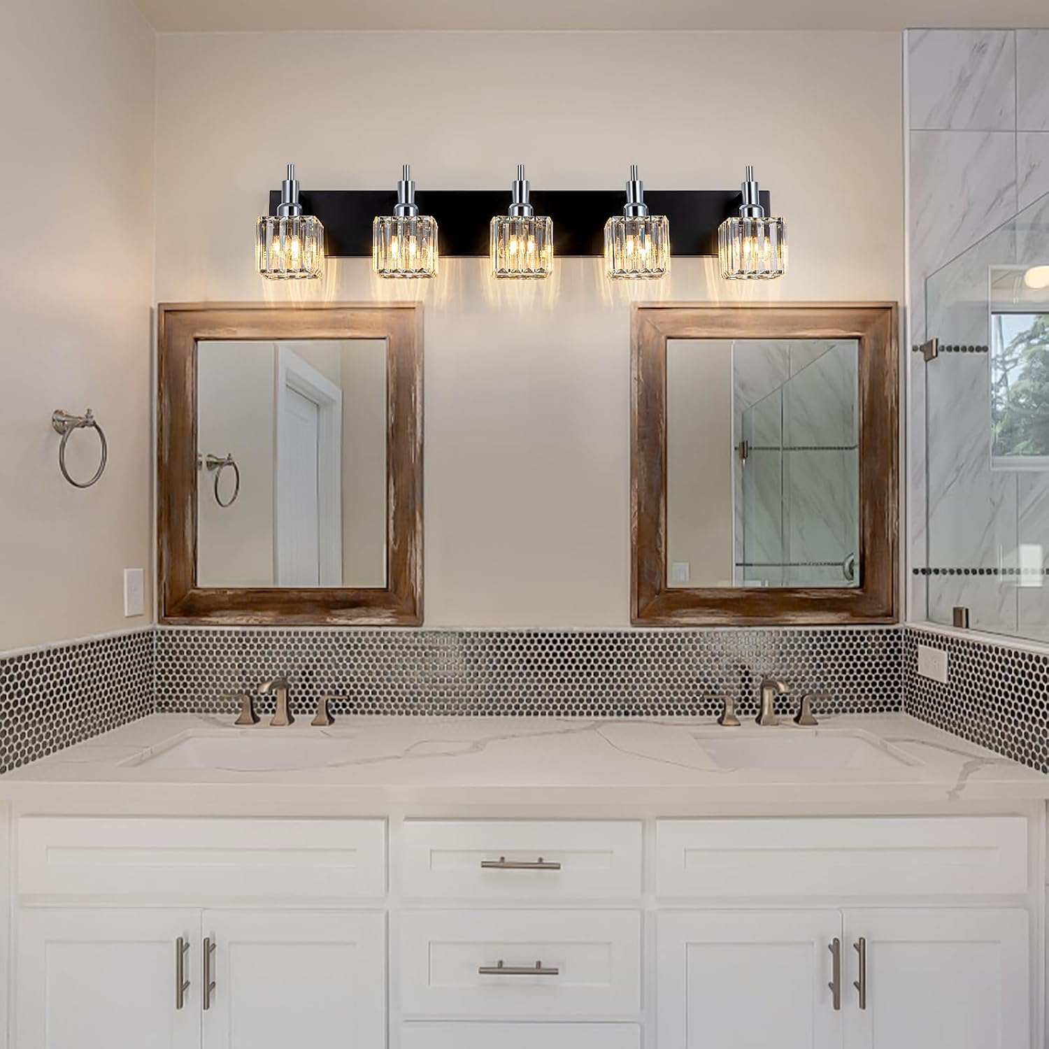 Black Chrome Bathroom Vanity Lights, 5 Lights Modern Crystal Bathroom Lighting Fixtures Over Mirror Crystal Wall Light with Square Shade