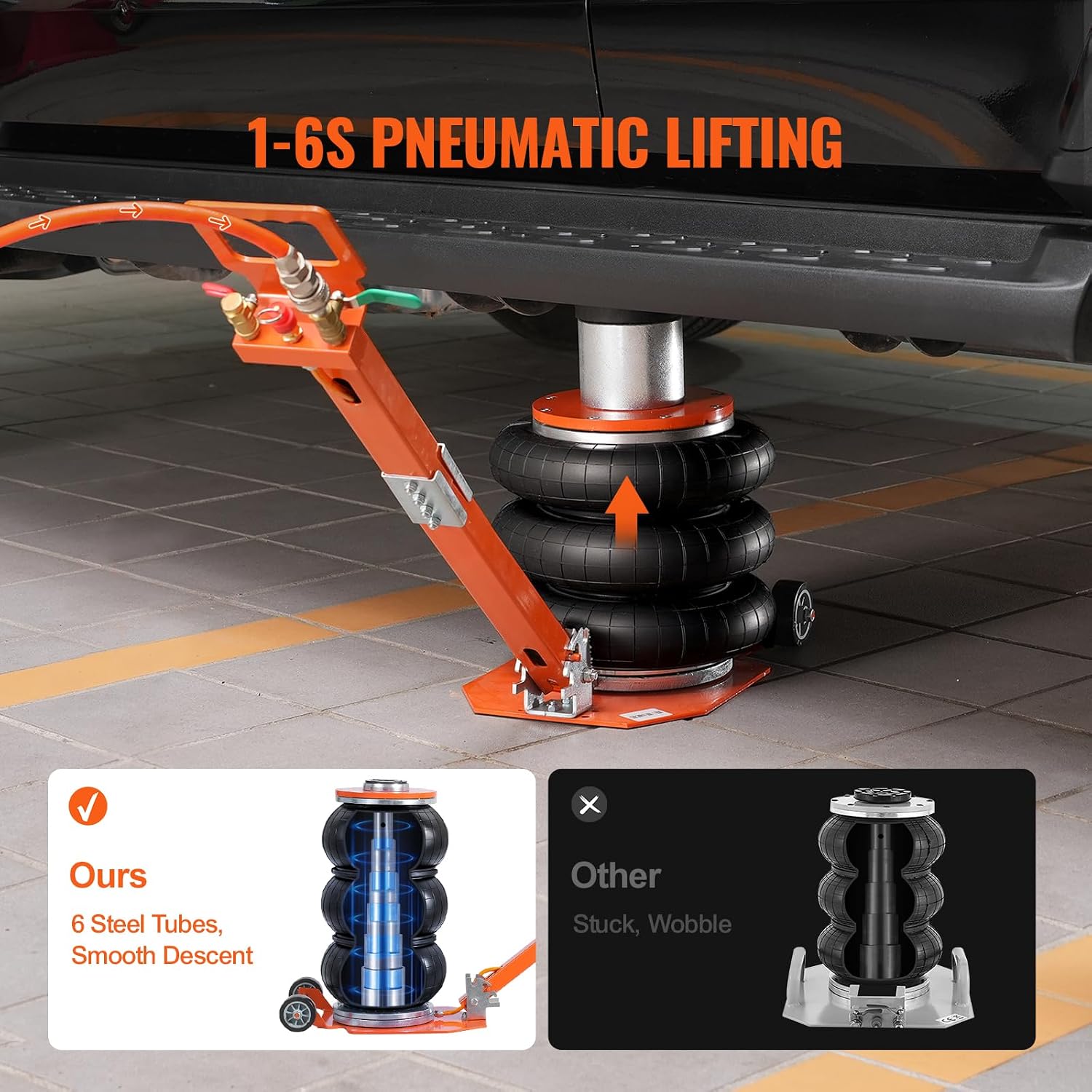 VEVOR Air Jack, 3 Ton/6600 lbs Triple Bag Air Jack, with Heightened Column Lifting Up to 21.3 Inch & Adjustable Handle, with Thick Rubber Pad, 1-6S Lifting Pneumatic Bag Jack Fits for Car, SUV